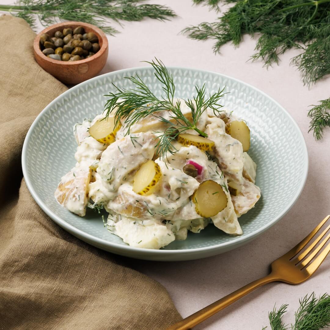 Creamy Potato Salad with Dill, Capers and Pickled Cucumber