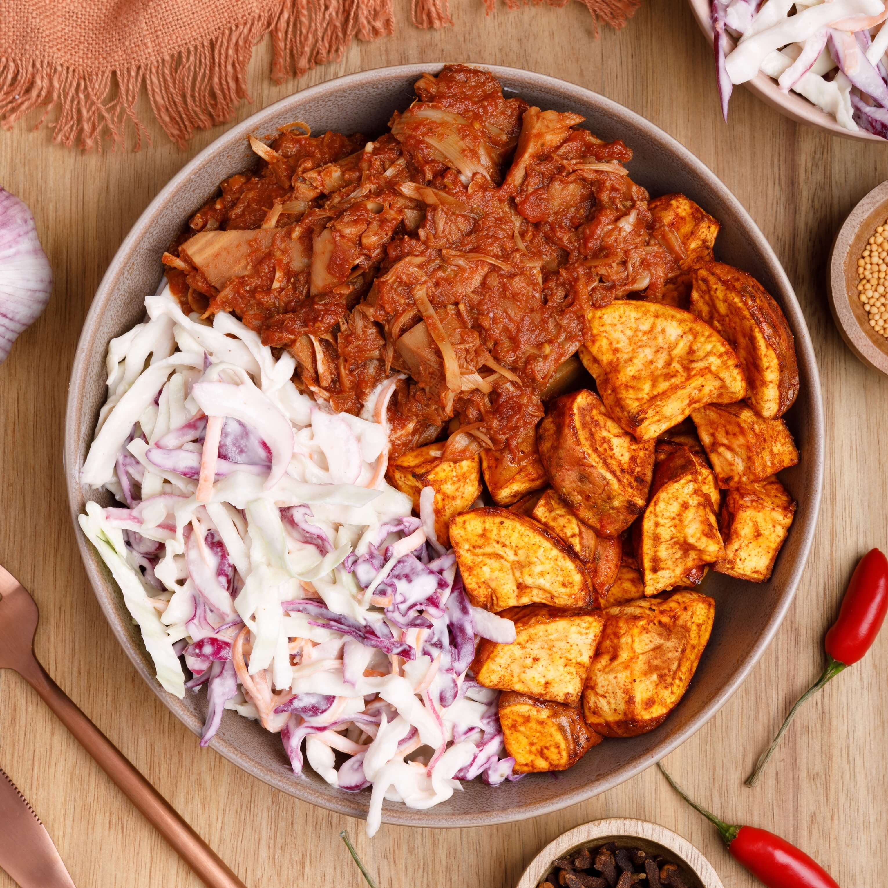 BBQ Pulled Jackfruit with Hot Slaw and Smokey Sweet Potato