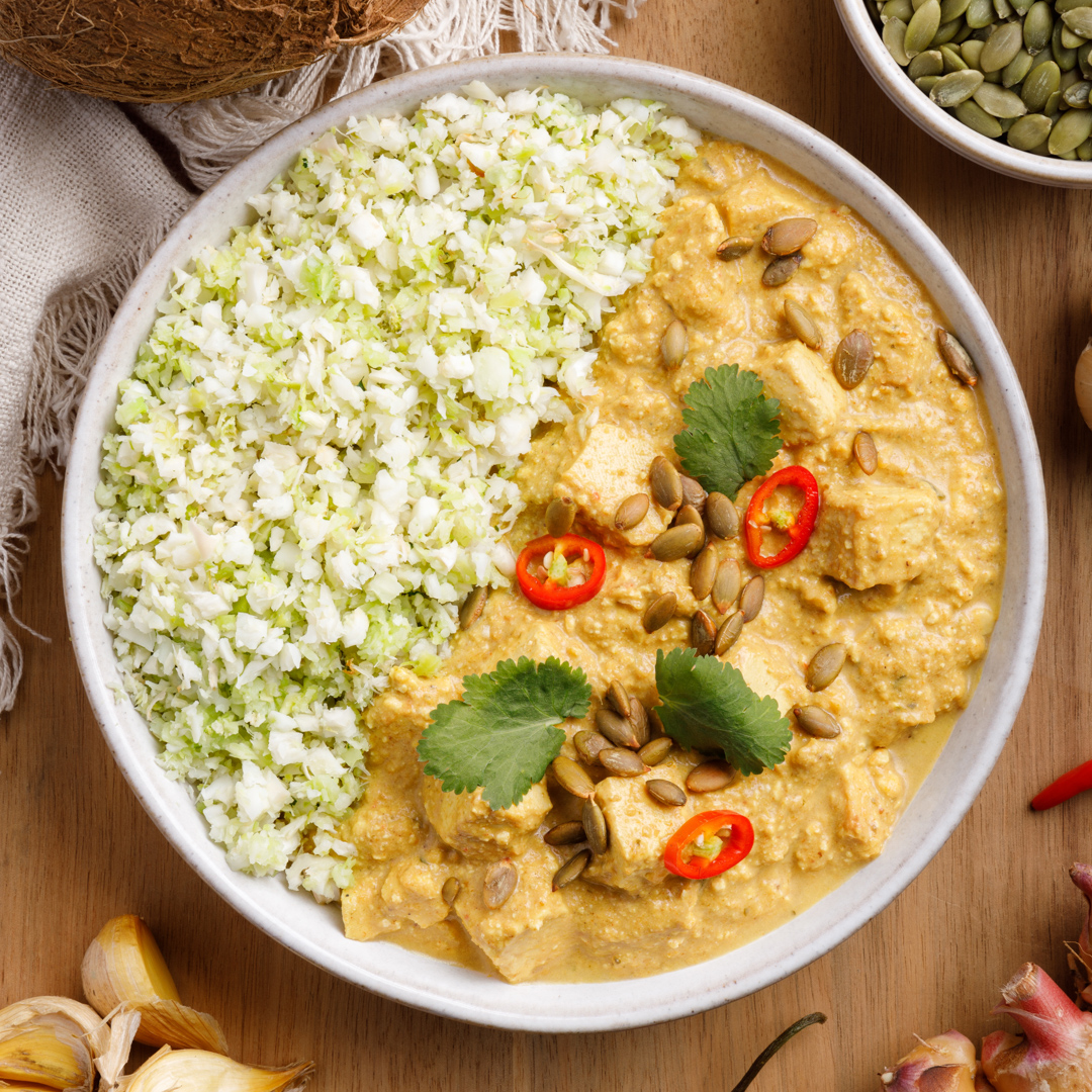 High Protein Southern Indian Coconut Curry with Broccoli and Cauli-Rice