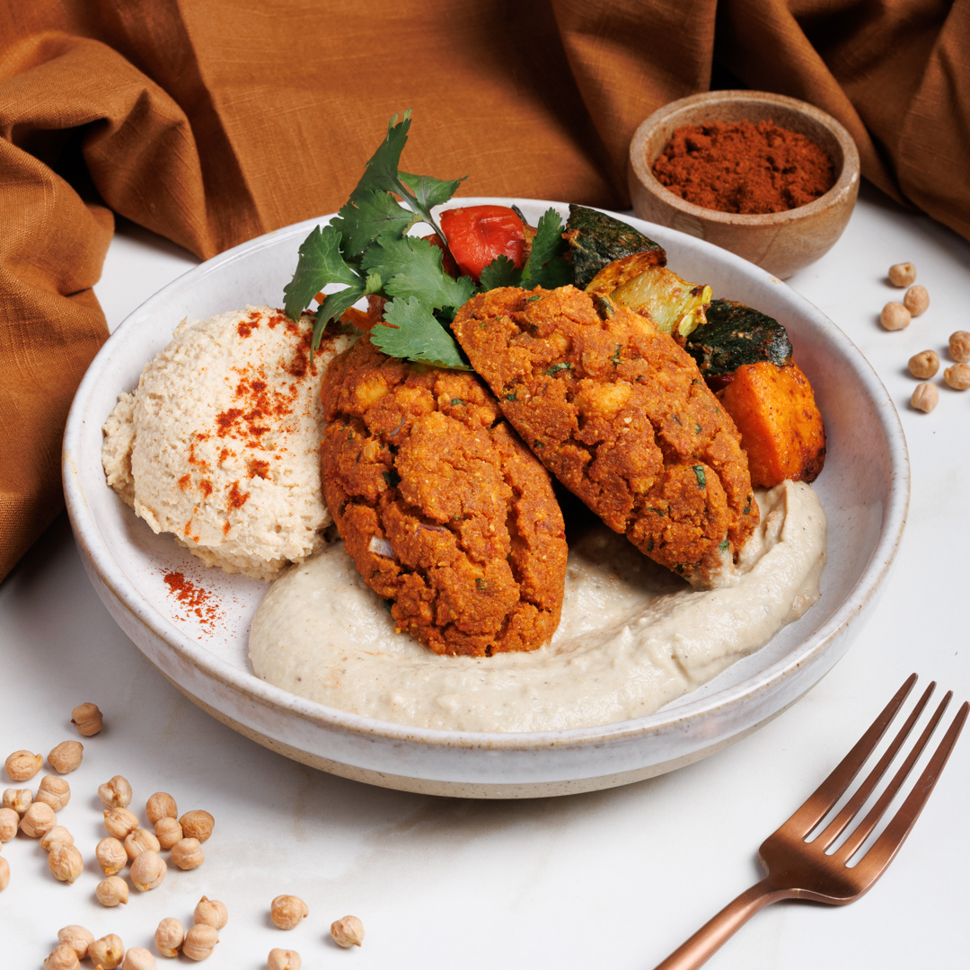 Middle Eastern Tofu Kofta Bowl with Smokey Babaganoush and Cauliflower Hummus