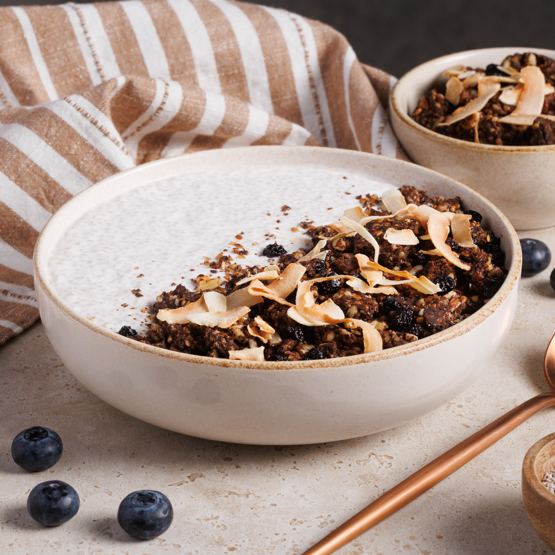 High Protein Carob Granola with Vanilla Chia Pudding