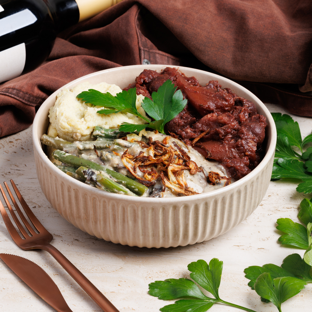 Red wine Braised Jackfruit with Creamy Mash and Green Bean Casserole